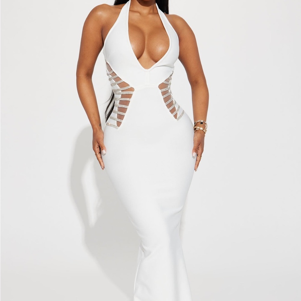 Carmen bandage Maxi from fashion nova White dress with silver appliqué.